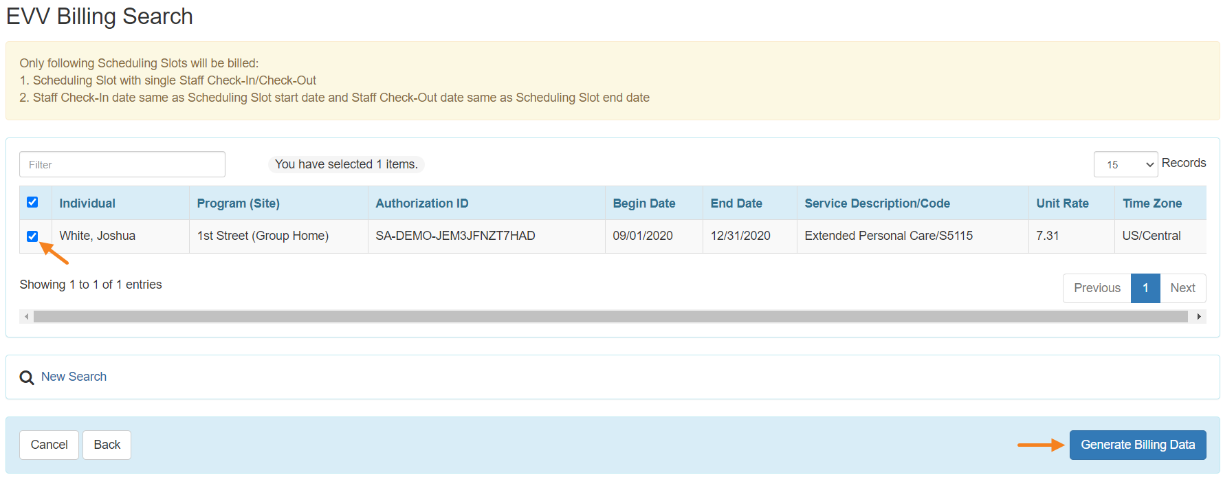 Generate Billing Data from EVV - North Dakota Aging Services