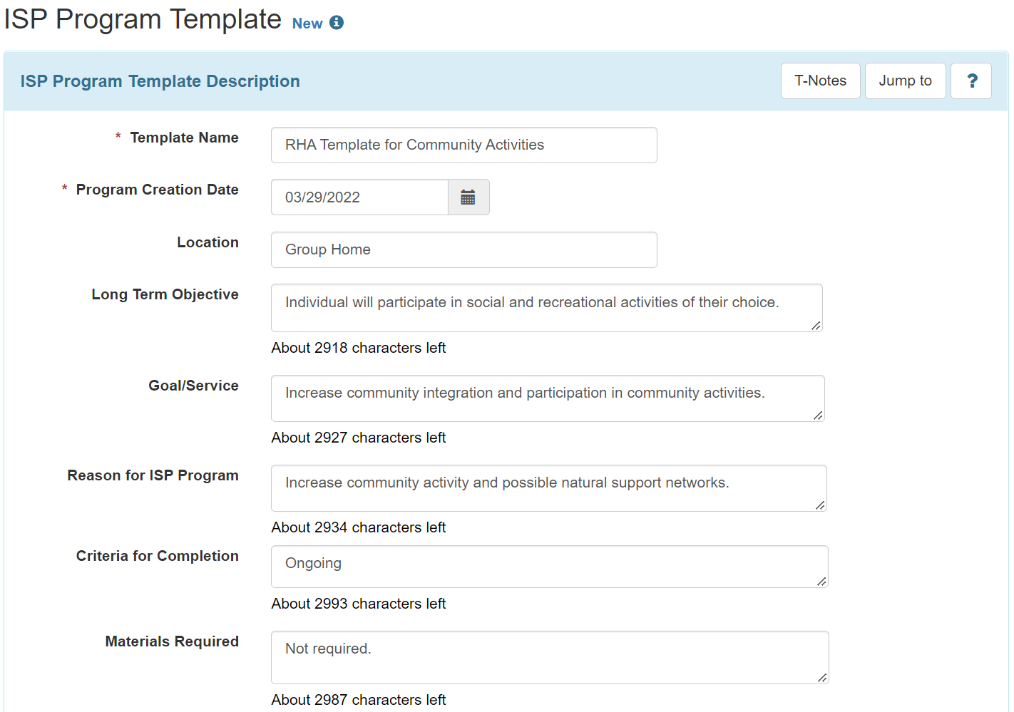 Create ISP Program Template RHA Providers