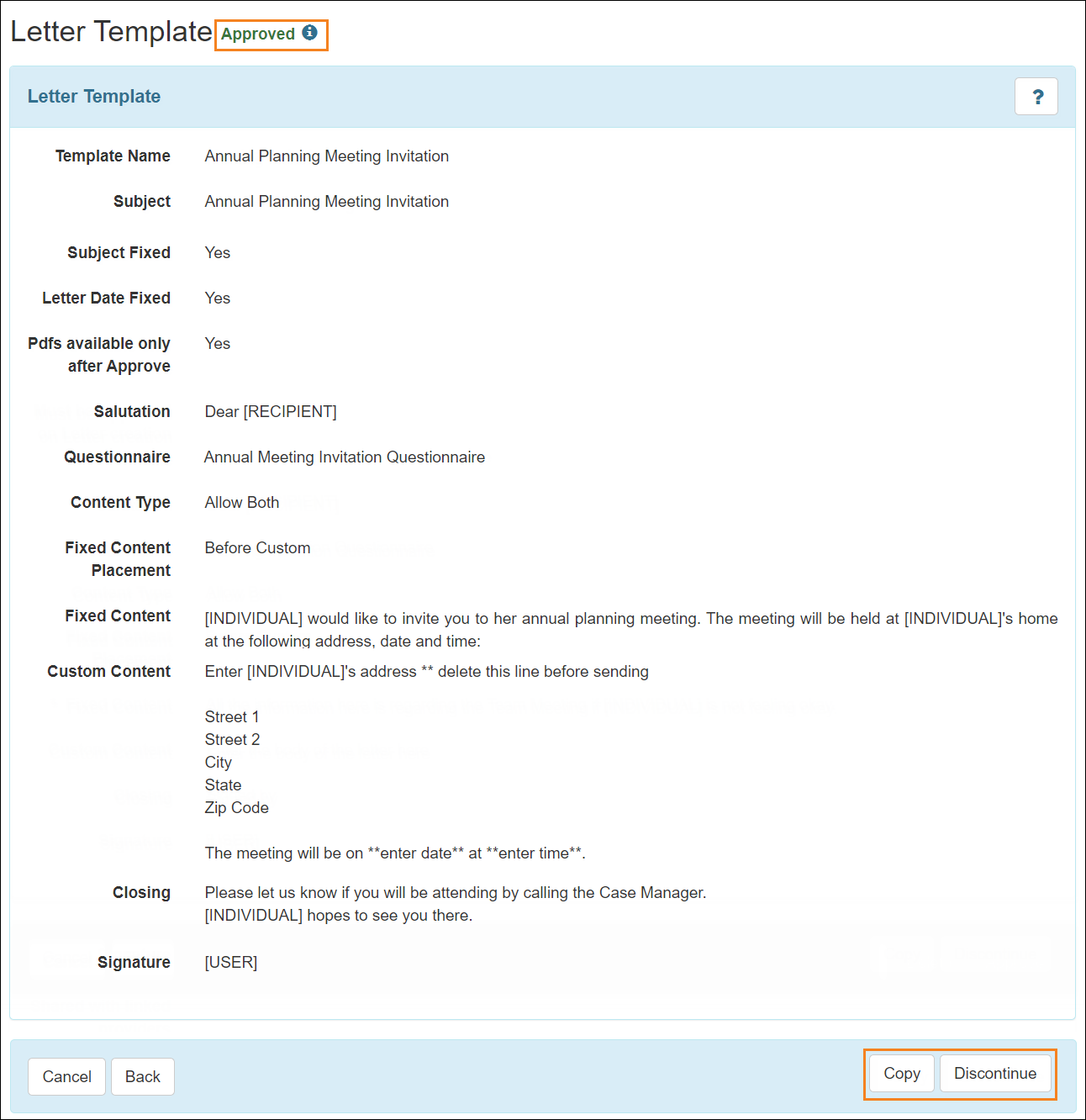 Screenshot showing the Letter Template in Approved Status