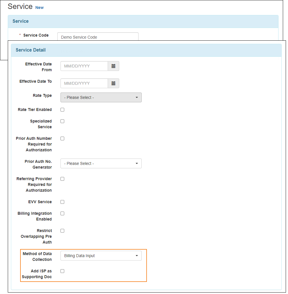 Screenshot of the Service Directory form showing the Method of Data Collection field and the Add ISP as Supporting Doc checkbox.