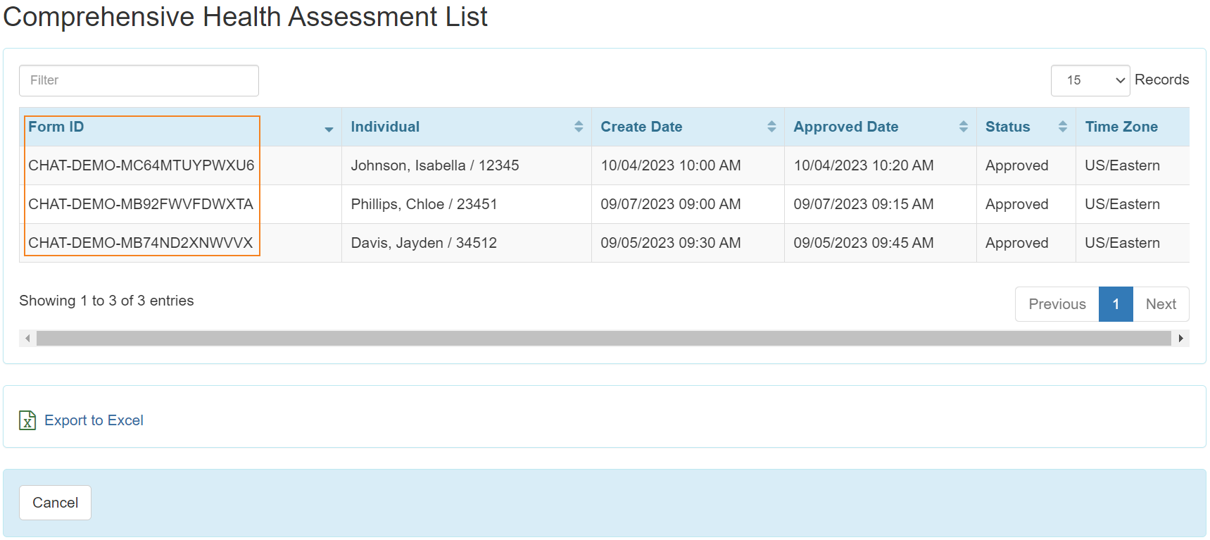 Screenshot of the Comprehensive Health Assessment List page highlighting the Form ID column