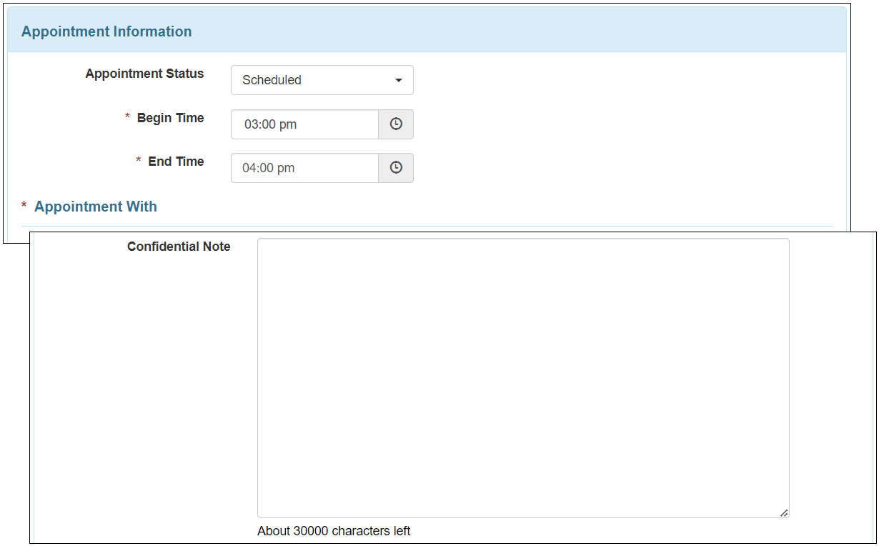 Screenshot showing the Confidential Note field of the Appointments form.