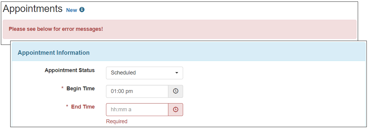 Screenshot showing the Error Message for keeping the End Time field blank on the Appointments form.