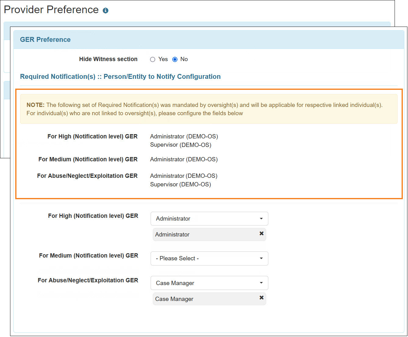 Screenshot showing the Provider Prefernce Configuration page where OS configuration for GER notification is showing.