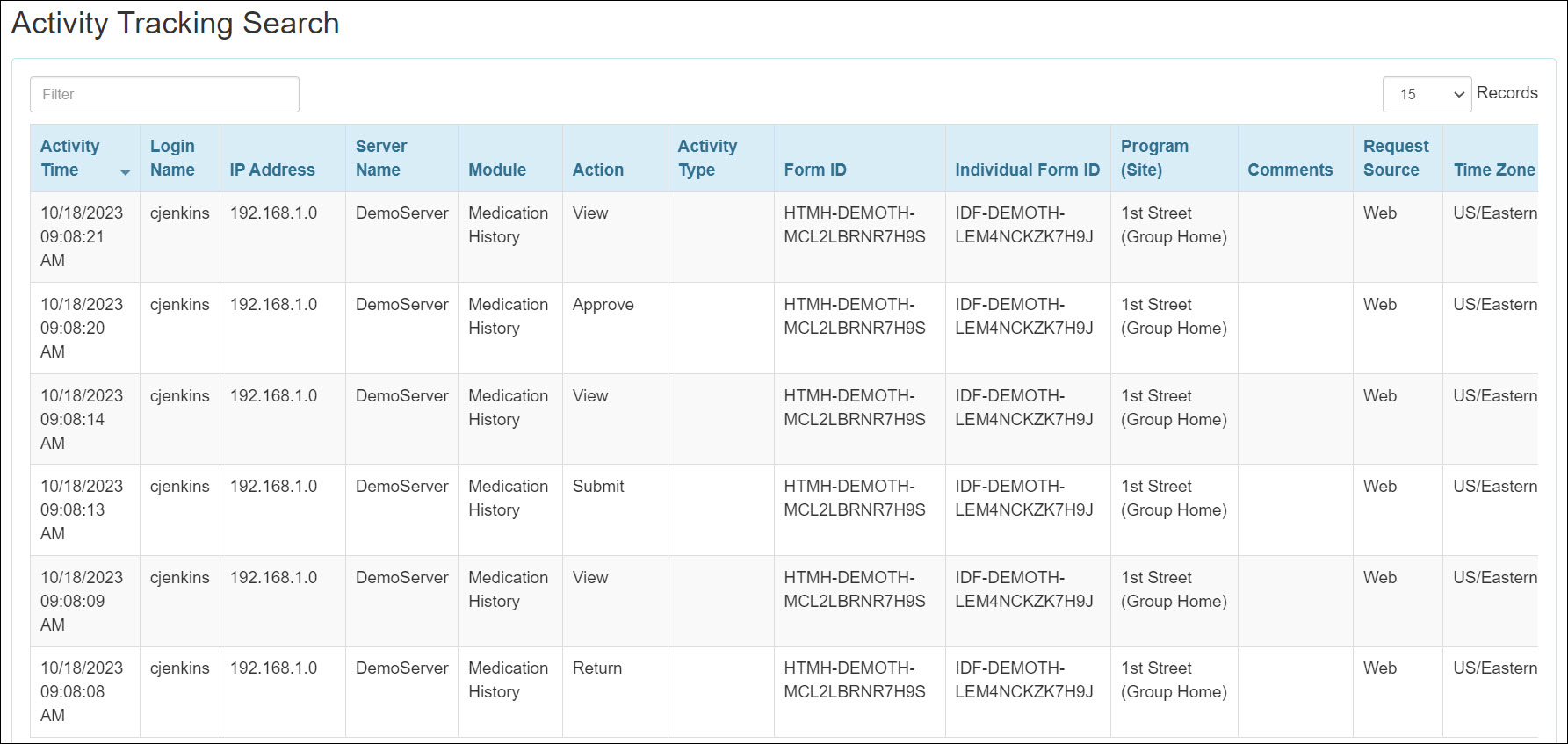 Screenshot showing the Activity Tracking search result for MH.