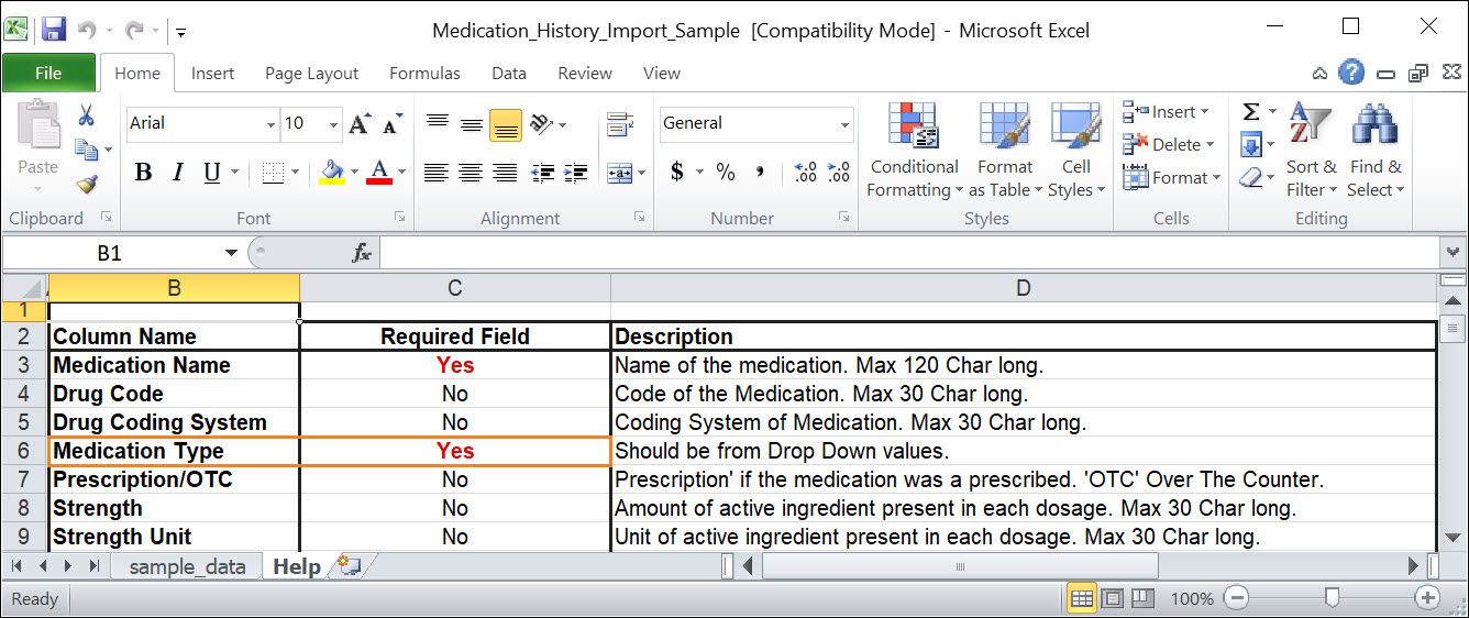 Screenshot showing MH Excel import file help sheet.