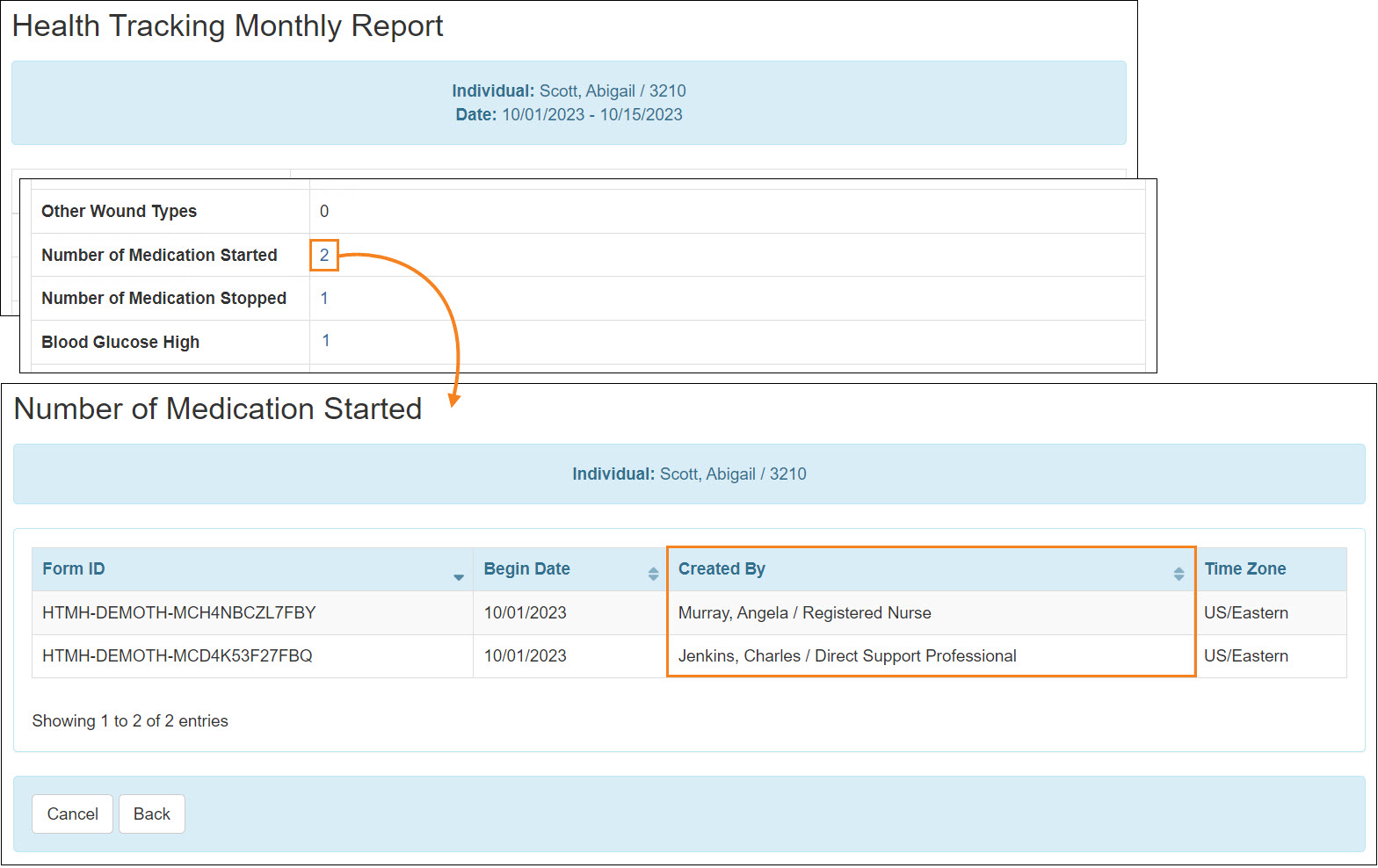Screenshot showing the MH Detailed report MH access.