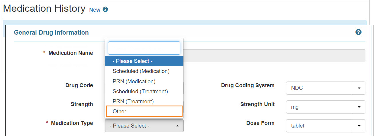Screenshot showing the Order Medication Type selected.