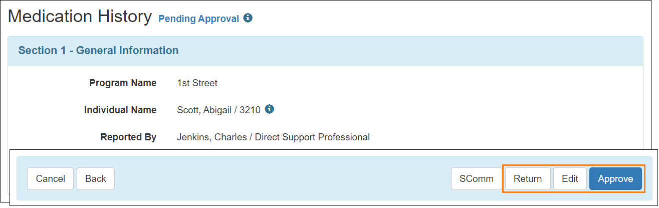 Screenshot showing the Pending approval MH form buttons.