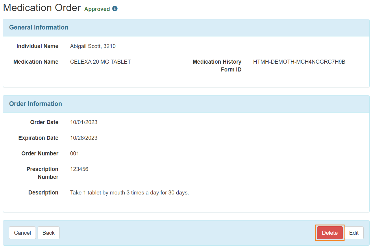 Screenshot showing the Medication Order delete button.