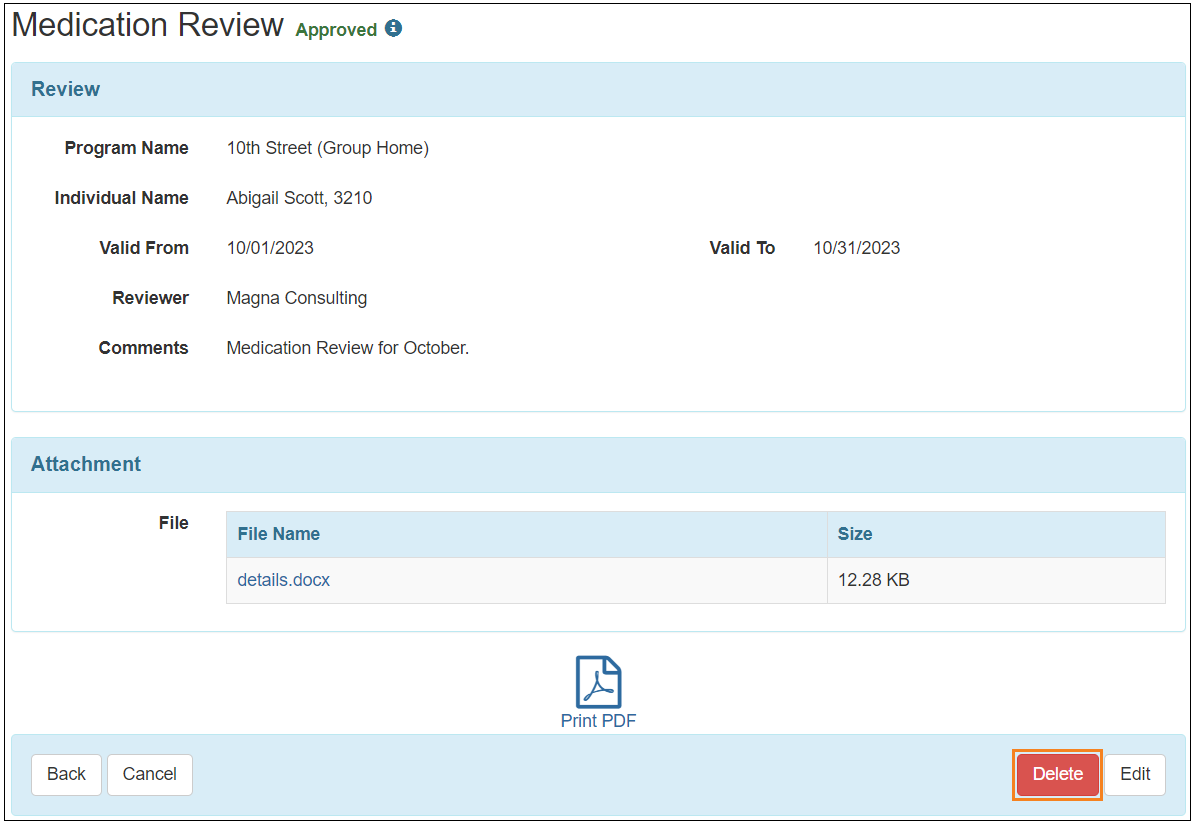 Screenshot showing the delete button of the medication review form.
