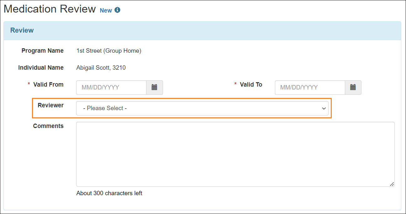 Screenshot showing the Medication review Reviewer field.