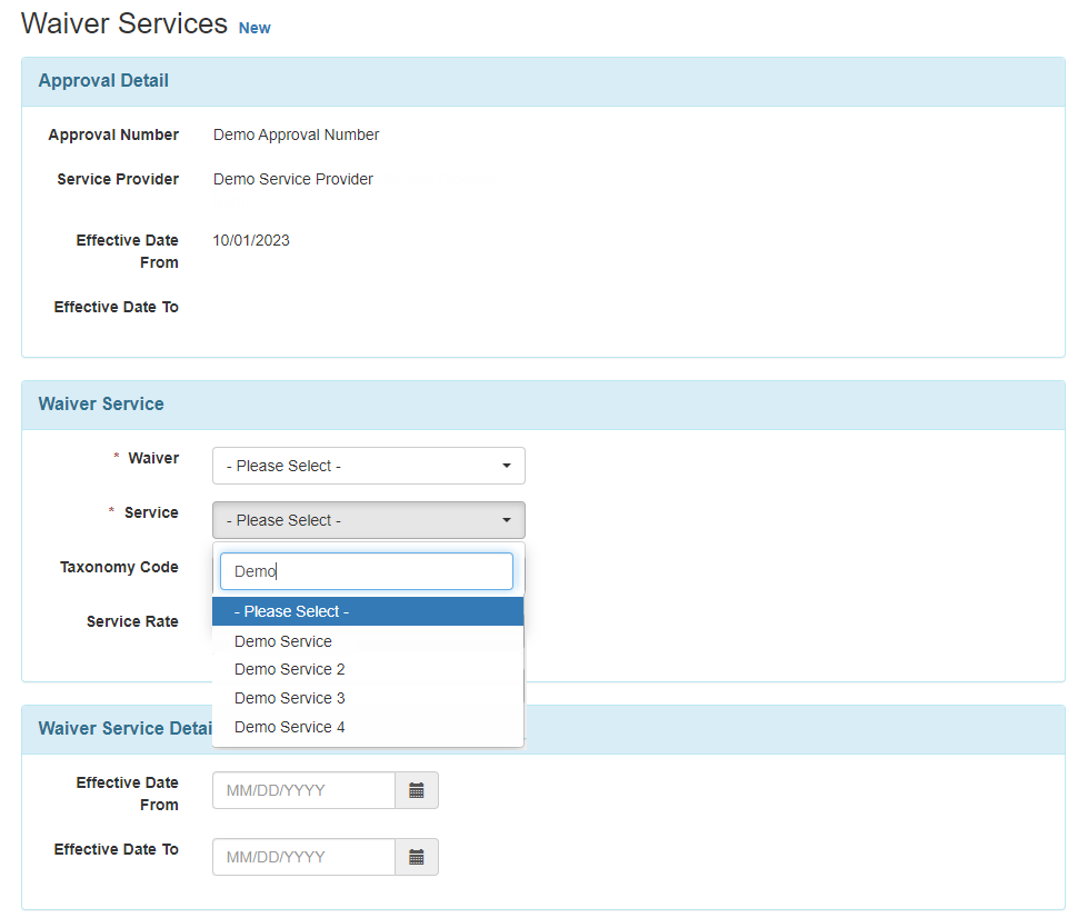 Screenshot of the Waiver Services form showing the Services drop-down field being made searchable. 