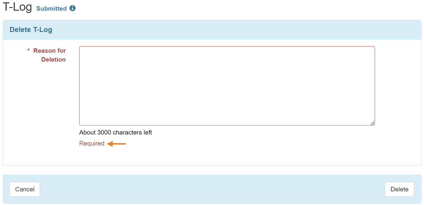 Screenshot of the Delete T-Log page highlighting the error message