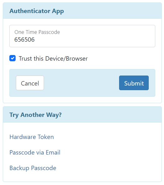 Screenshot showing the 2FA authenticator app OTP login screen.