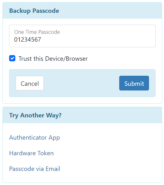 Screenshot showing the 2FA backup passcode OTP login screen.