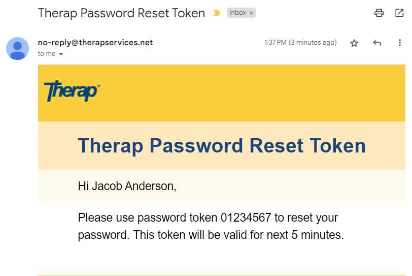 Screenshot showing the password reset token otp email.