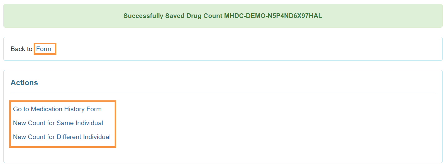Screenshot showing the New Drug Count success message page.