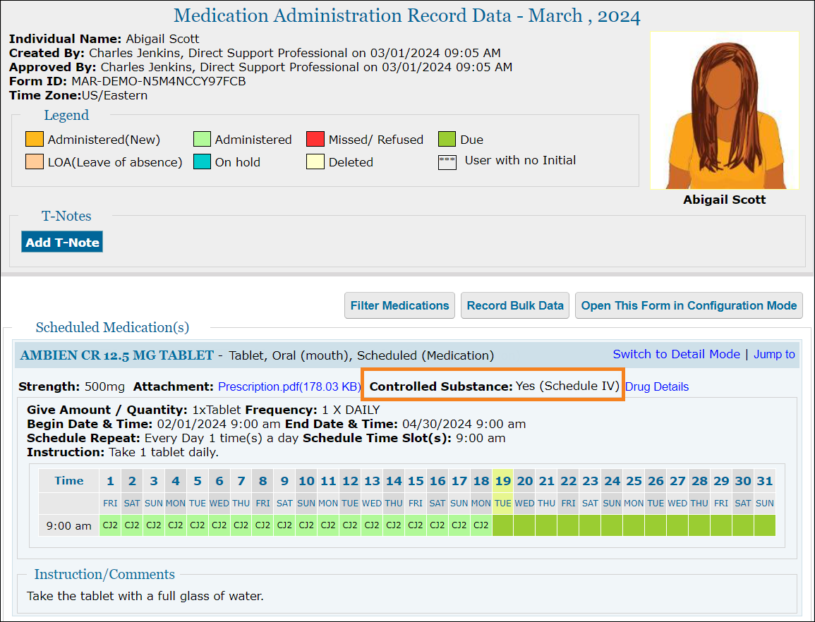 Screenshot showing the Controlled Substance info in MAR.
