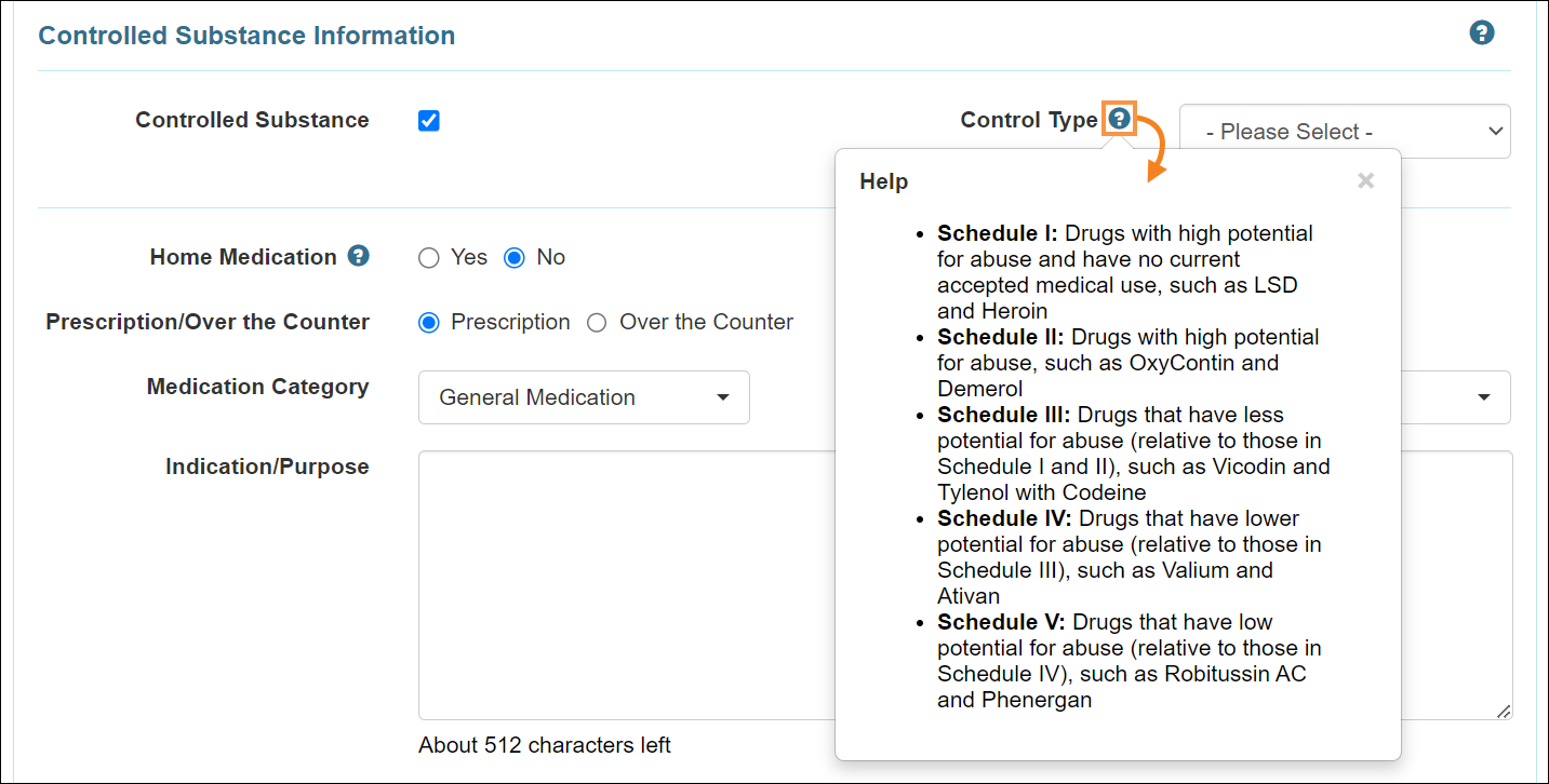Screenshot showing Controlled substance details of types.
