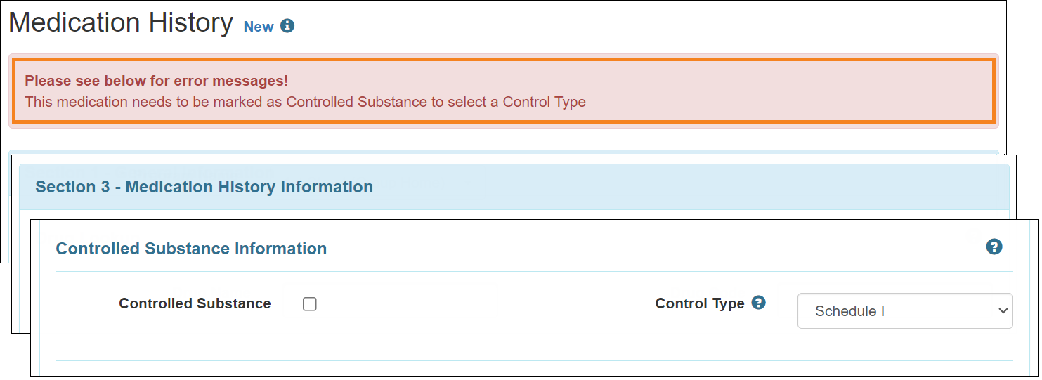 Screenshot showing the Controlled Substance error message.