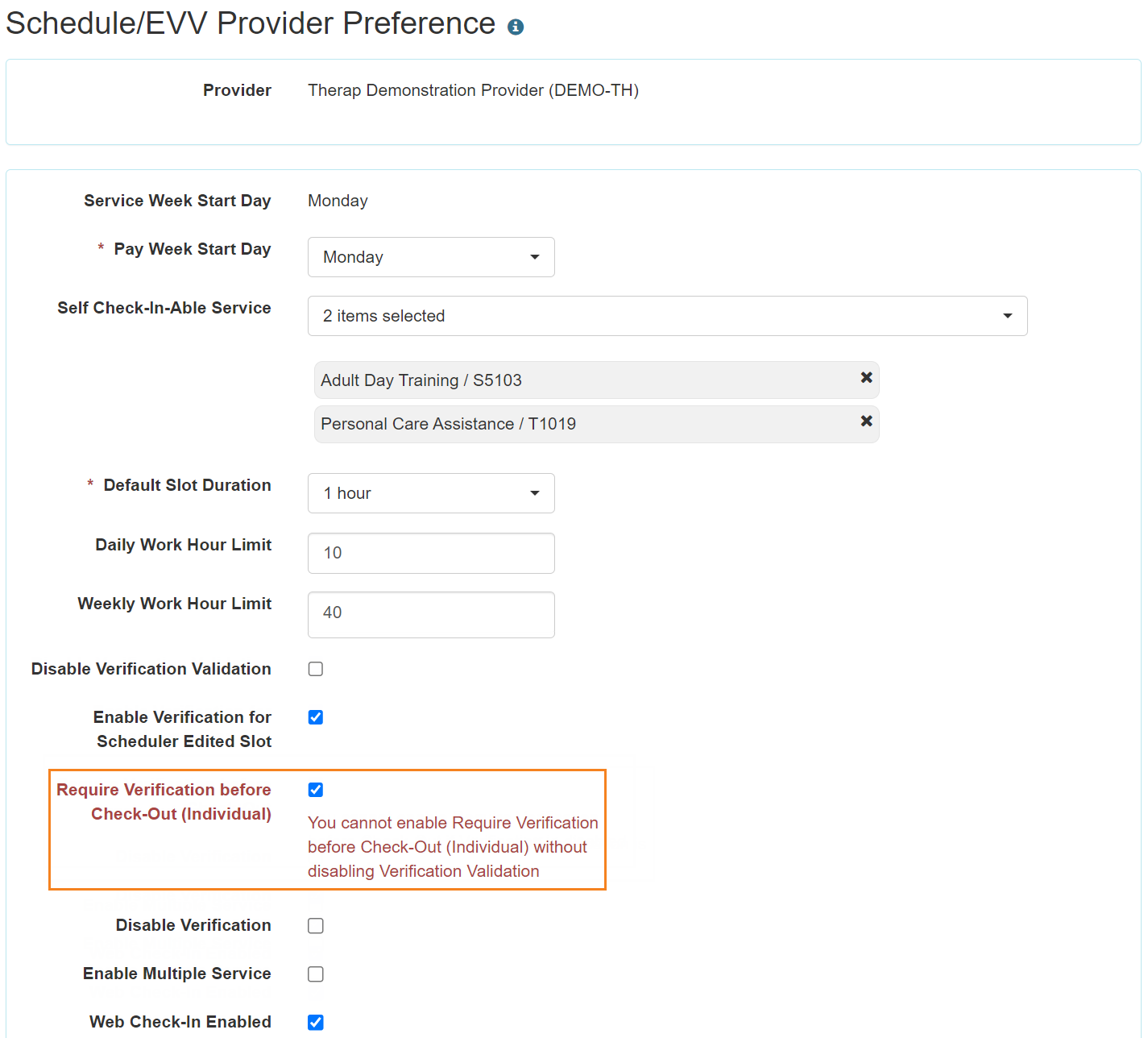 Screenshot of the Schedule/EVV Provider Preference page highlighting the error message for Require Verification before Check-Out checkbox