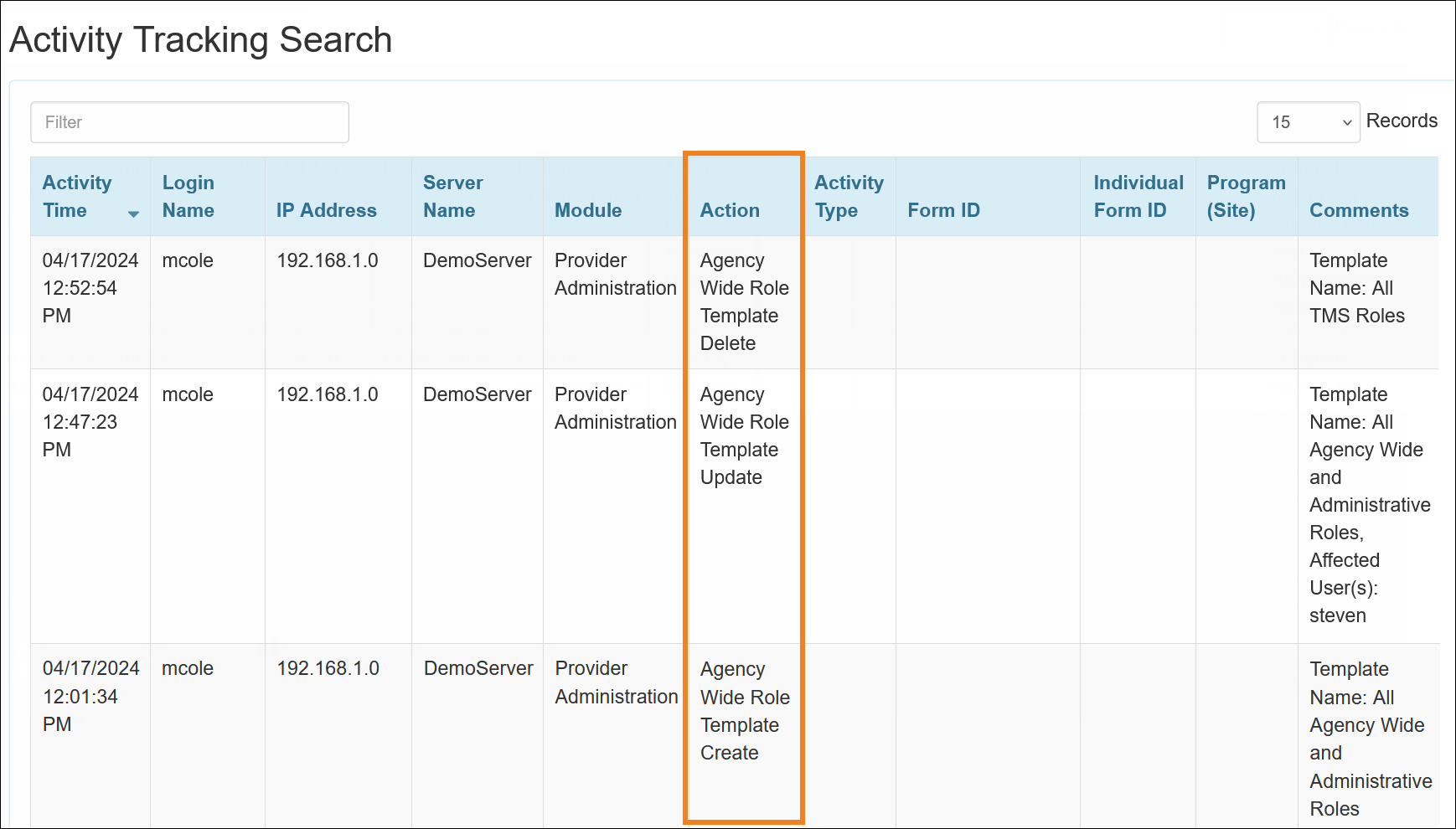 Screenshot showing the Activity Tracking Search result page