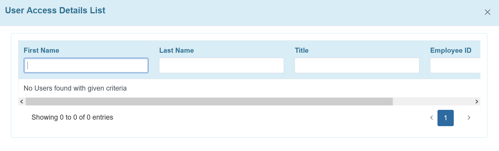 Screenshot showing the empty User Access Details List