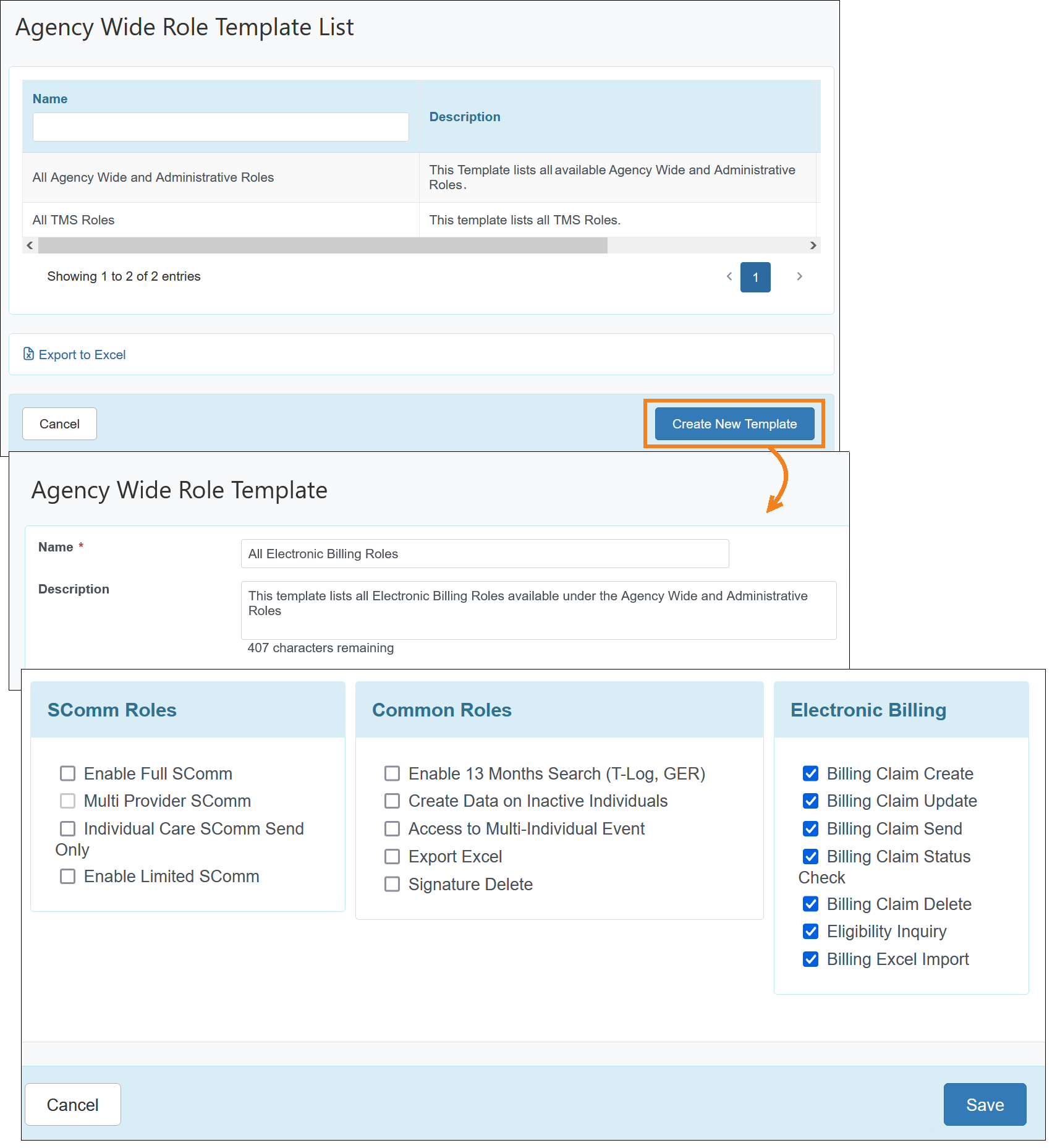 Screenshot showing the Agency Wide Role Template List and Agency Wide Role Template page