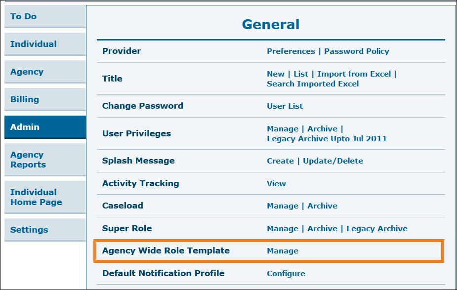 Screenshot showing the Agency wide Role template option in the Admin tab