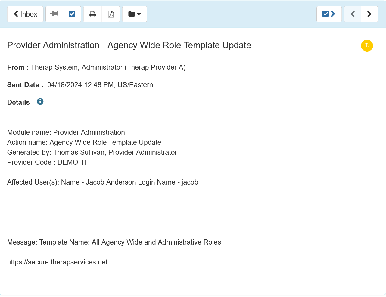 Screenshot showing the Notification message for updating Agency Wide Role Template