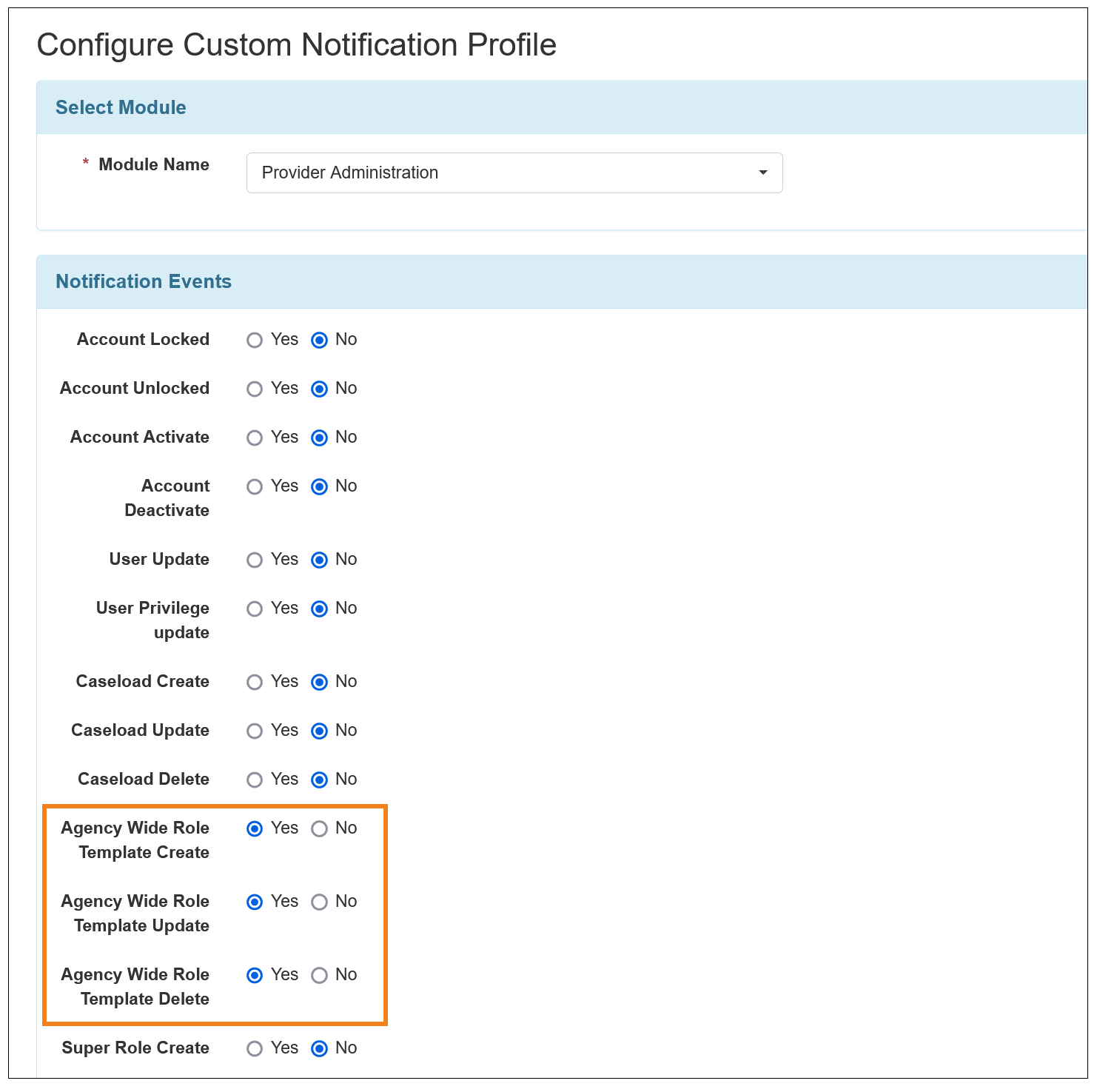 Screenshot showing the Configure Custom Notification Profile page