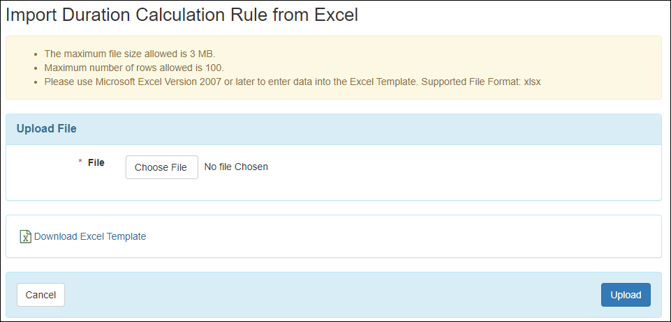 Screenshot showing the Import Duration Calculation Rule page