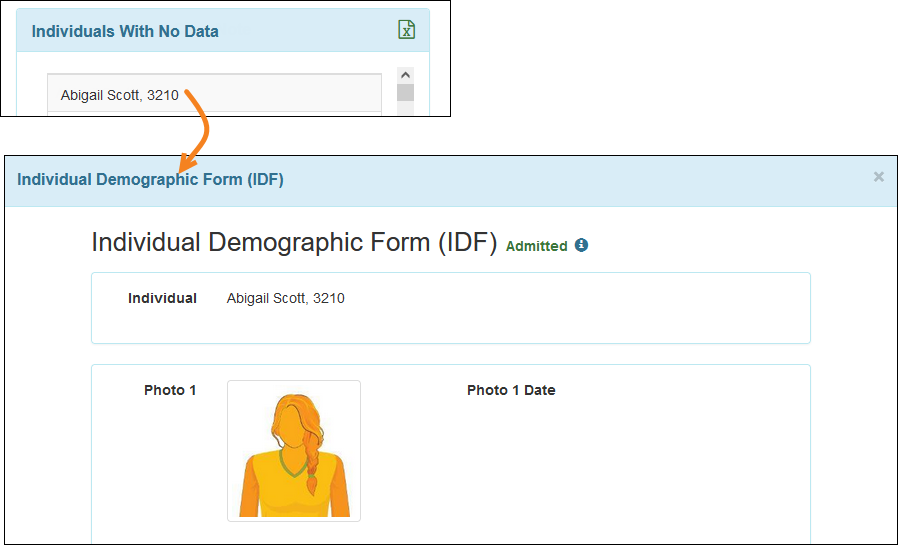 Screenshot showing Individual without Case Note section and popup IDF of Case Note Dashboard