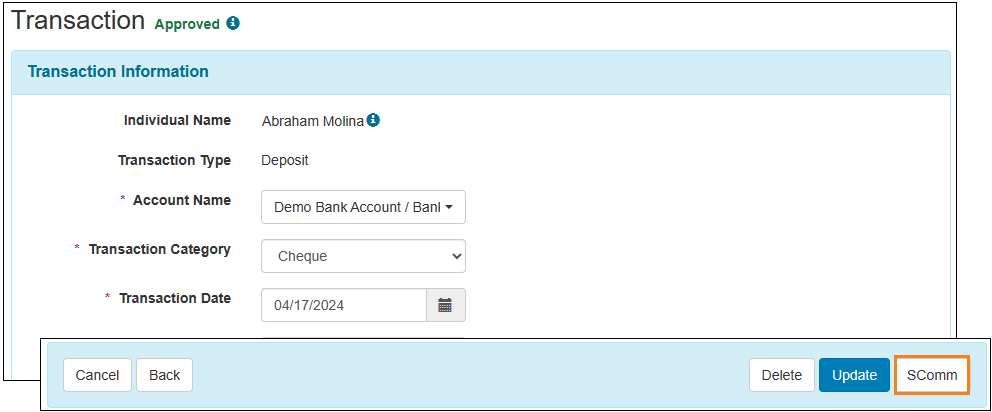 Screenshot showing the SComm button on the Transaction form